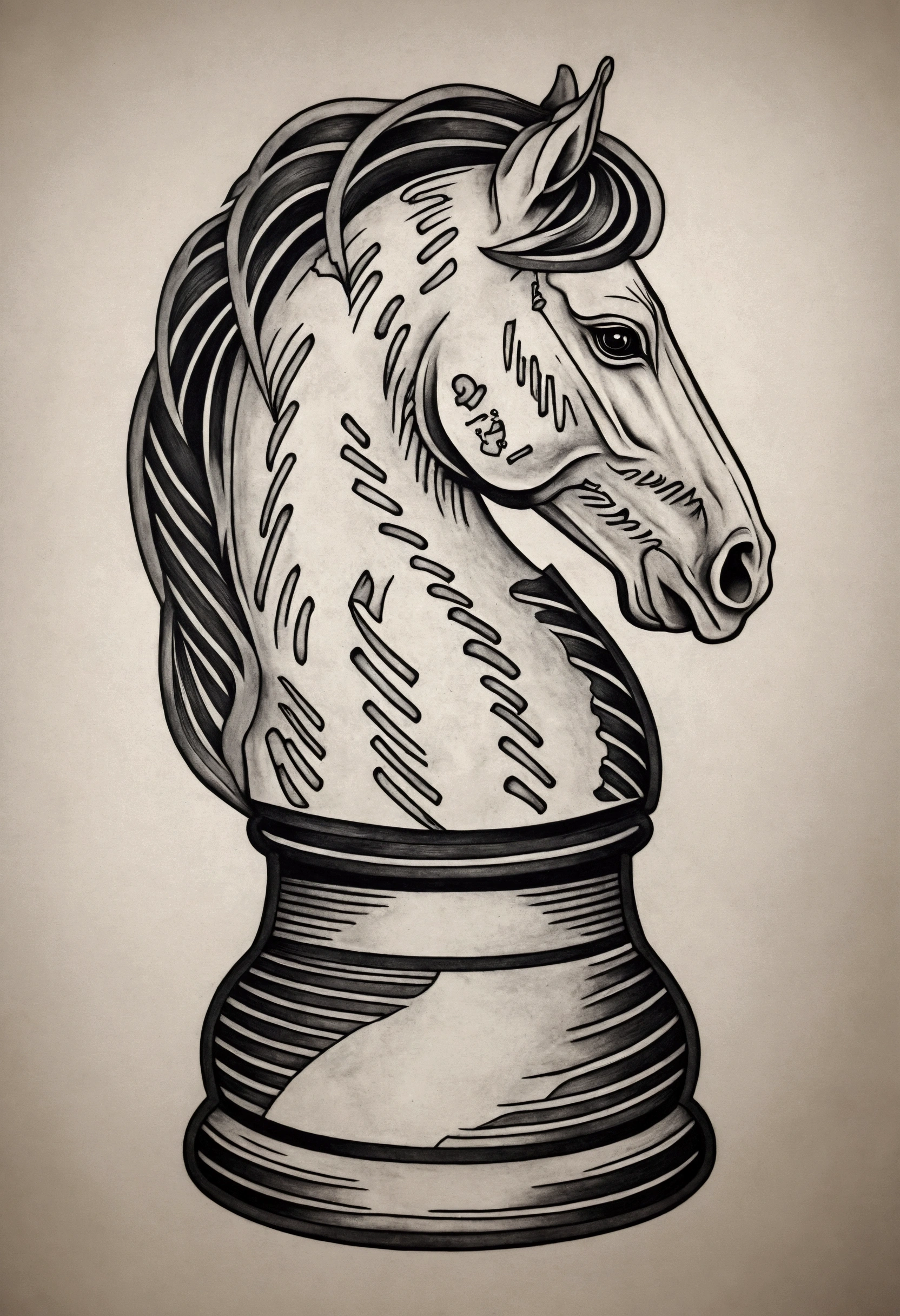 image of a horse, chess piece in old school art style and black work made for tattooing colored in black, gray and white like old school tattoos, with dashes (Contour) consistent in black on a white background.