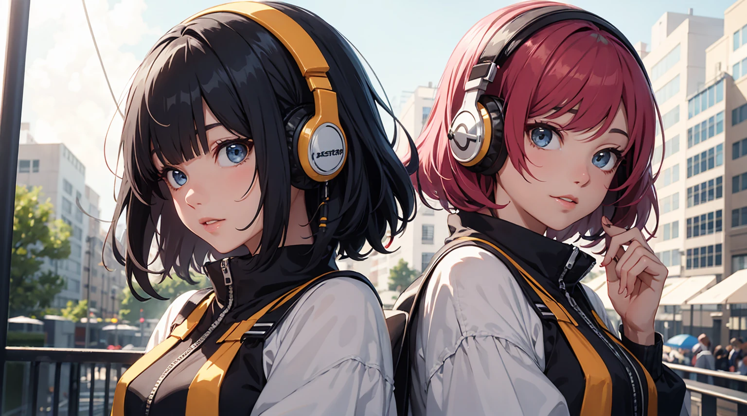 asterpiece, highest quality, Summer costumes, headphones, colorful hair, outdoor,Upper body,Shorthair girl
