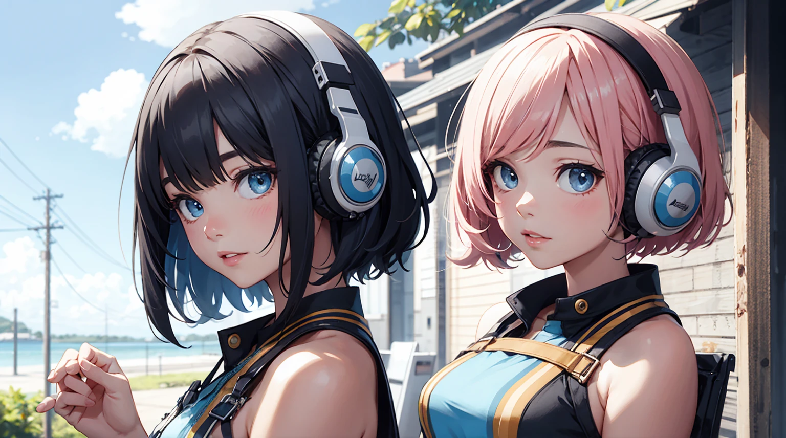 asterpiece, highest quality, Summer costumes, headphones, colorful hair, outdoor,Upper body,Shorthair girl