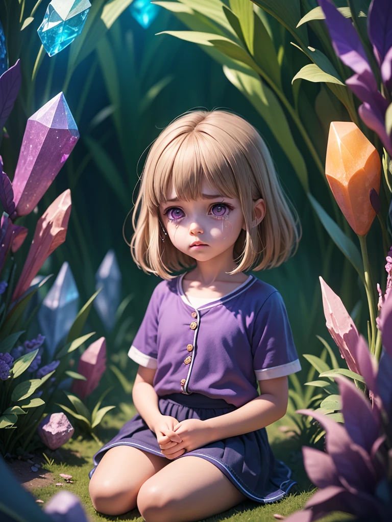 {{masterpiece, best quality, extremely detailed CG, unity 8k wallpaper, cinematic lighting}}, a cute girl, bob cut hair style, light brown hair color, swept bangs, beautifully purple eyes, purple shirt and blue skirt, very sad and crying, sitting lonely in the crystal jungle.