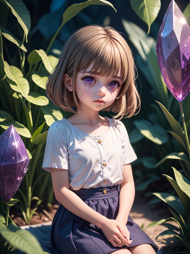 {{masterpiece, best quality, extremely detailed CG, unity 8k wallpaper, cinematic lighting}}, a cute 5  girl, bob cut hair style, light brown hair color, swept bangs, beautifully purple eyes, purple shirt and blue skirt, very sad and crying, sitting lonely in the crystal jungle. 