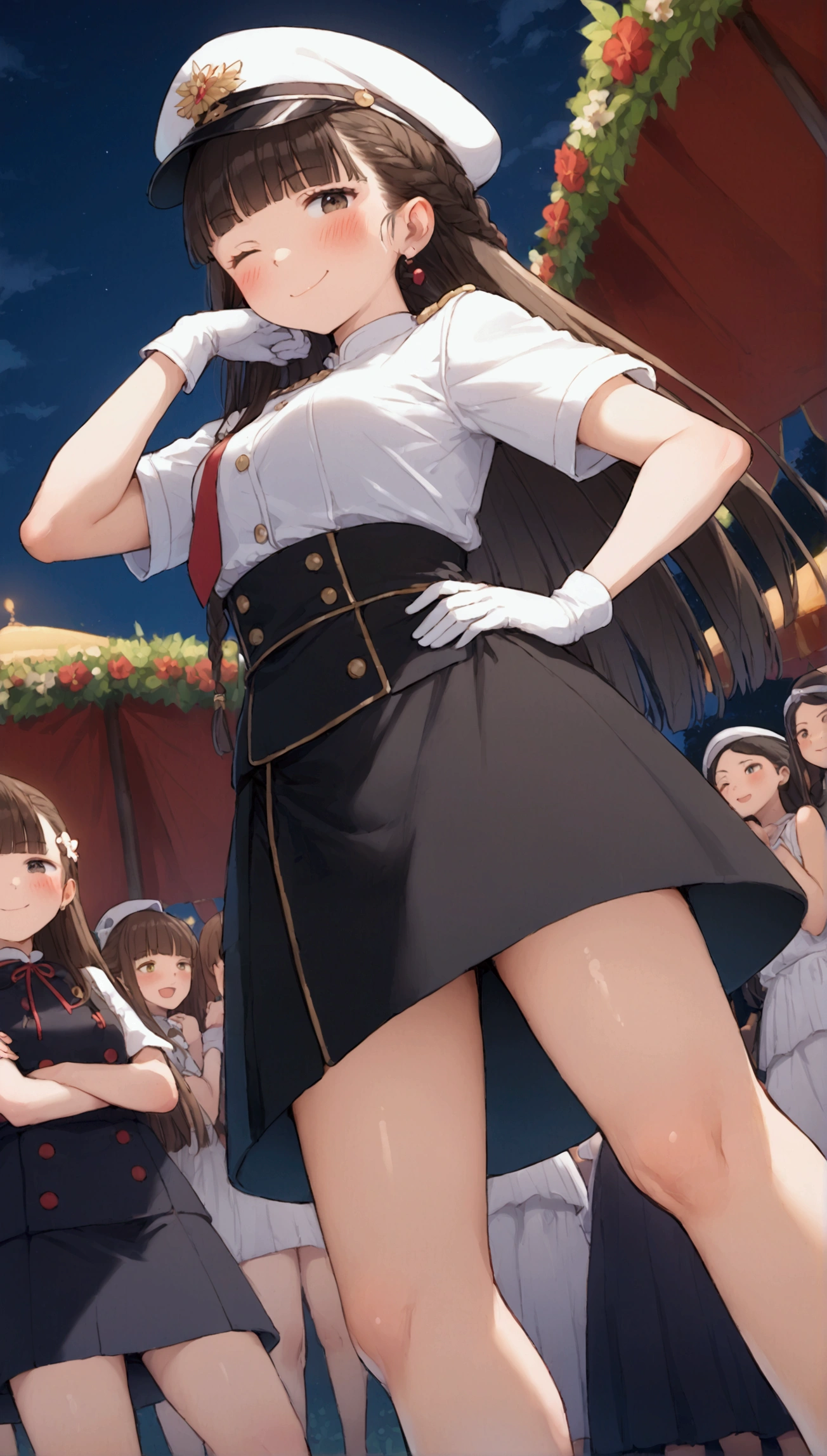 {Highest quality}, {Super beautiful},{Ultra fine},{Best illustration},Brown Hair,Hime cut,long hair,Braid,One woman,Standing Woman,Strike a pose,Adult women,smile,smug face,Wink,Uniform cap,White Shirt,Short sleeve,long black skirt,White gloves,Night Festival,Blushing,Slender,Black stiletto heels,barefoot,From an angle,From below,Put one hand on your hip,Woman with closed legs,
