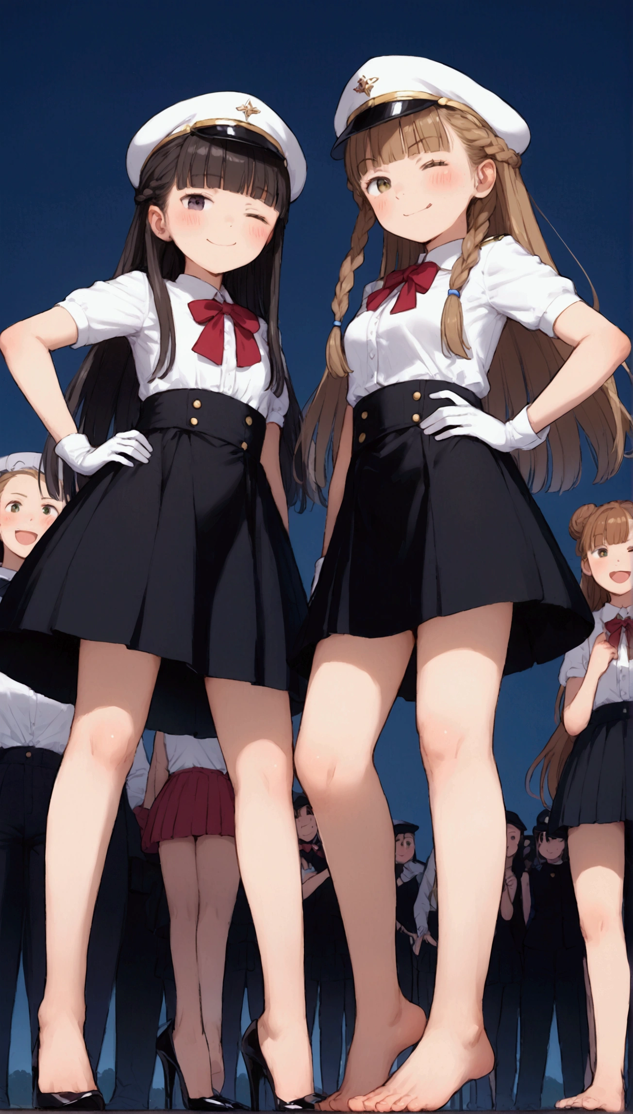 {Highest quality}, {Super beautiful},{Ultra fine},{Best illustration},Brown Hair,Hime cut,long hair,Braid,One woman,Standing Woman,Strike a pose,Adult women,smile,smug face,Wink,Uniform cap,White Shirt,Short sleeve,long black skirt,White gloves,Night Festival,Blushing,Slender,Black stiletto heels,barefoot,From an angle,From below,Put one hand on your hip,Woman with closed legs,