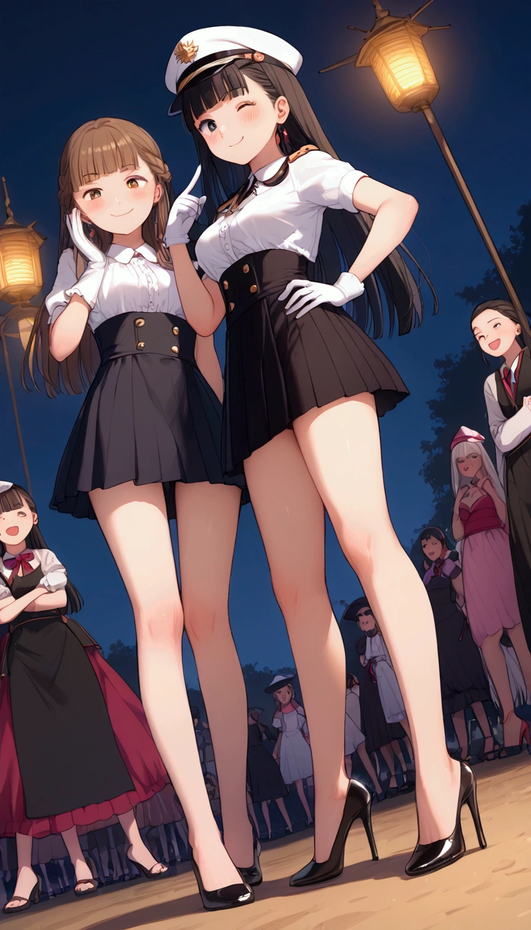 {Highest quality}, {Super beautiful},{Ultra fine},{Best illustration},Brown Hair,Hime cut,long hair,Braid,One woman,Standing Woman,Strike a pose,Adult women,smile,smug face,Wink,Uniform cap,White Shirt,Short sleeve,long black skirt,White gloves,Night Festival,Blushing,Slender,Black stiletto heels,barefoot,From an angle,From below,Put one hand on your hip,Woman with closed legs,