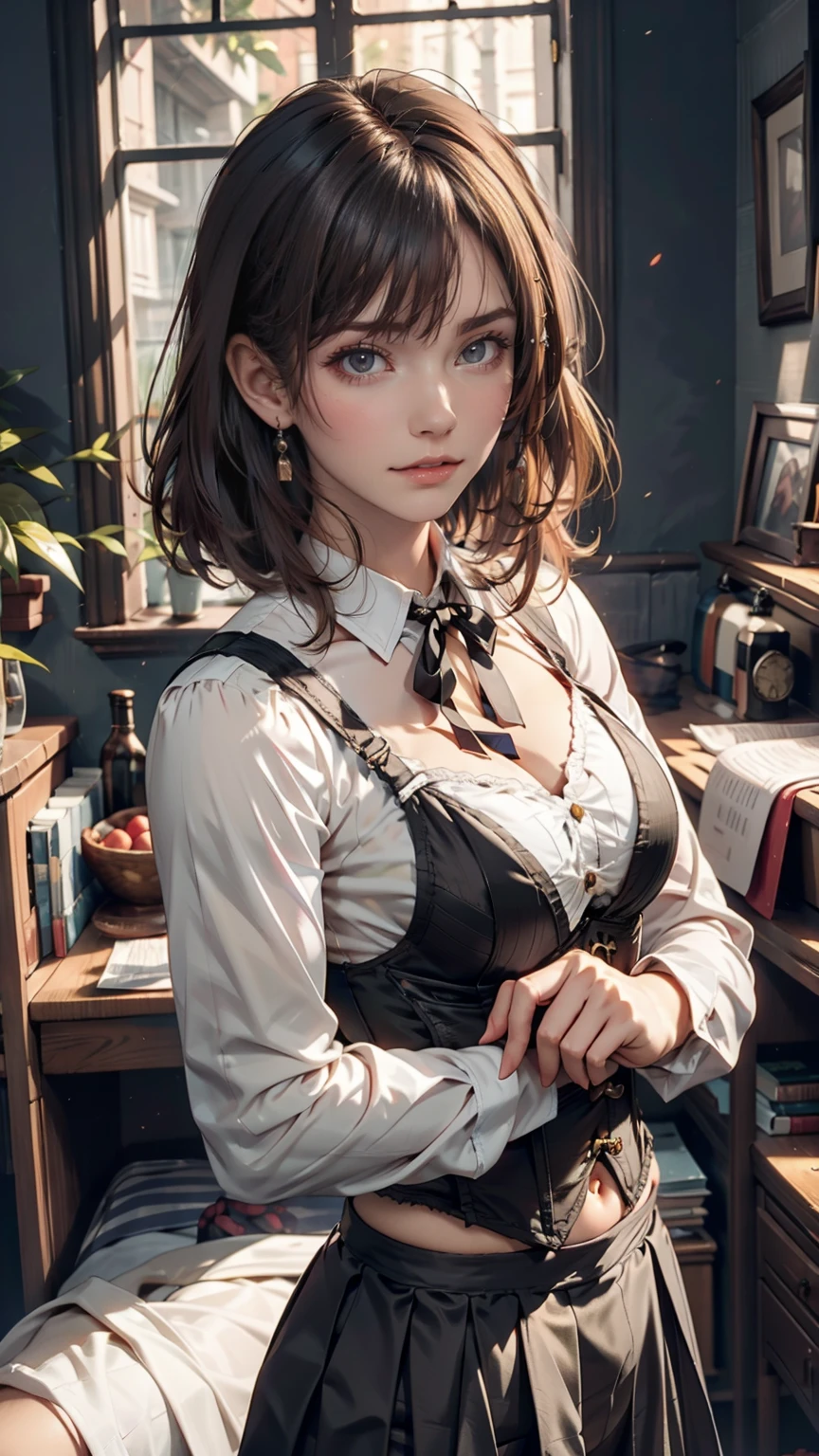 girl, Gray-haired, Short-haired, Yellow-eyed, Small breasts, Cat hair accessories, Side Lock, Gray-haired, Shiny Hair, uniform, (Golden Eyes: 1.2), (Skirt has two long triangular extensions, abdominal vest corset), White buttons on the best corset, (A short-sleeved striped shirt under a vest corset), (The cuffs are close to the arms), (Thick black ribbon around neck), ( short magenta skirt),