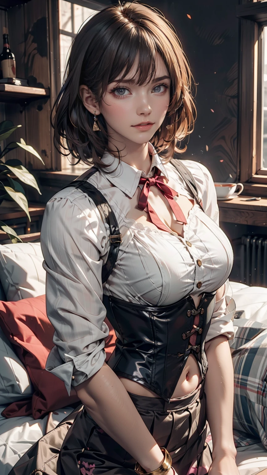 girl, Gray-haired, Short-haired, Yellow-eyed, Small breasts, Cat hair accessories, Side Lock, Gray-haired, Shiny Hair, uniform, (Golden Eyes: 1.2), (Skirt has two long triangular extensions, abdominal vest corset), White buttons on the best corset, (A short-sleeved striped shirt under a vest corset), (The cuffs are close to the arms), (Thick black ribbon around neck), ( short magenta skirt),