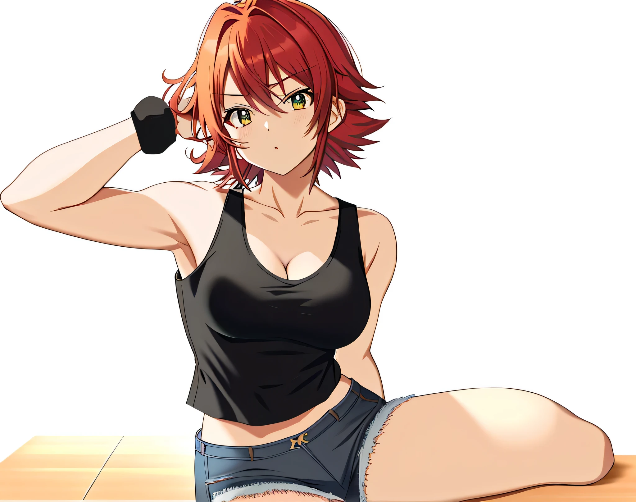 足を組んで床に座っているレッドの髪のAnime Girls, Anime Girls, Anime Styleキャラクター, clothing:Black Tank Top, Girl wearing denim shorts, Anime Styleで, Big Breasts, girl with big breasts, Anime Style, Anime Style, Muscular Woman, Knight of the Zodiac Girl, with short red hair standing on end,, In anime style, plain tank top, Feminine and muscular, Skin tight tank top, Bare Arms, Bare shoulders,