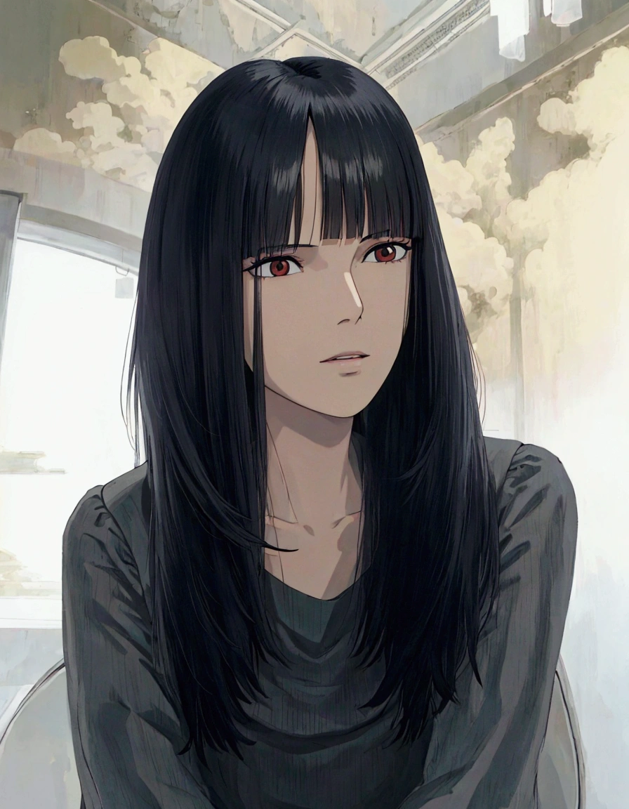 ghibli style, arafed asian woman with long black hair sitting in a chair, black hime cut hair, she has black hair with bangs, long hair with bangs, neat hair with bangs, long black hair with bangs, long hair with full bangs, with bangs, white hime cut hairstyle, long dark hair with bangs, korean girl, beautiful south korean woman, with full bangs