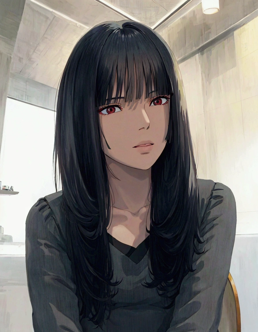ghibli style, arafed asian woman with long black hair sitting in a chair, black hime cut hair, she has black hair with bangs, long hair with bangs, neat hair with bangs, long black hair with bangs, long hair with full bangs, with bangs, white hime cut hairstyle, long dark hair with bangs, korean girl, beautiful south korean woman, with full bangs