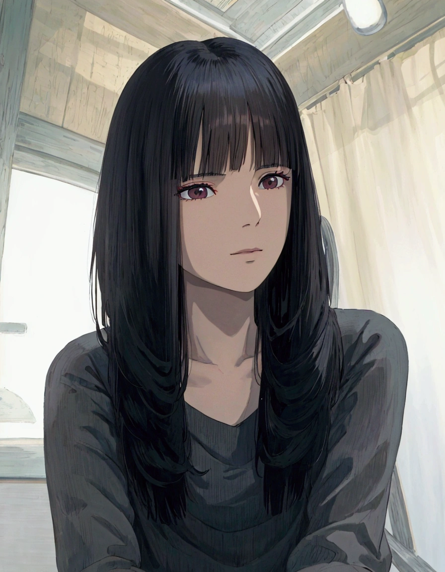 ghibli style, arafed asian woman with long black hair sitting in a chair, black hime cut hair, she has black hair with bangs, long hair with bangs, neat hair with bangs, long black hair with bangs, long hair with full bangs, with bangs, white hime cut hairstyle, long dark hair with bangs, korean girl, beautiful south korean woman, with full bangs