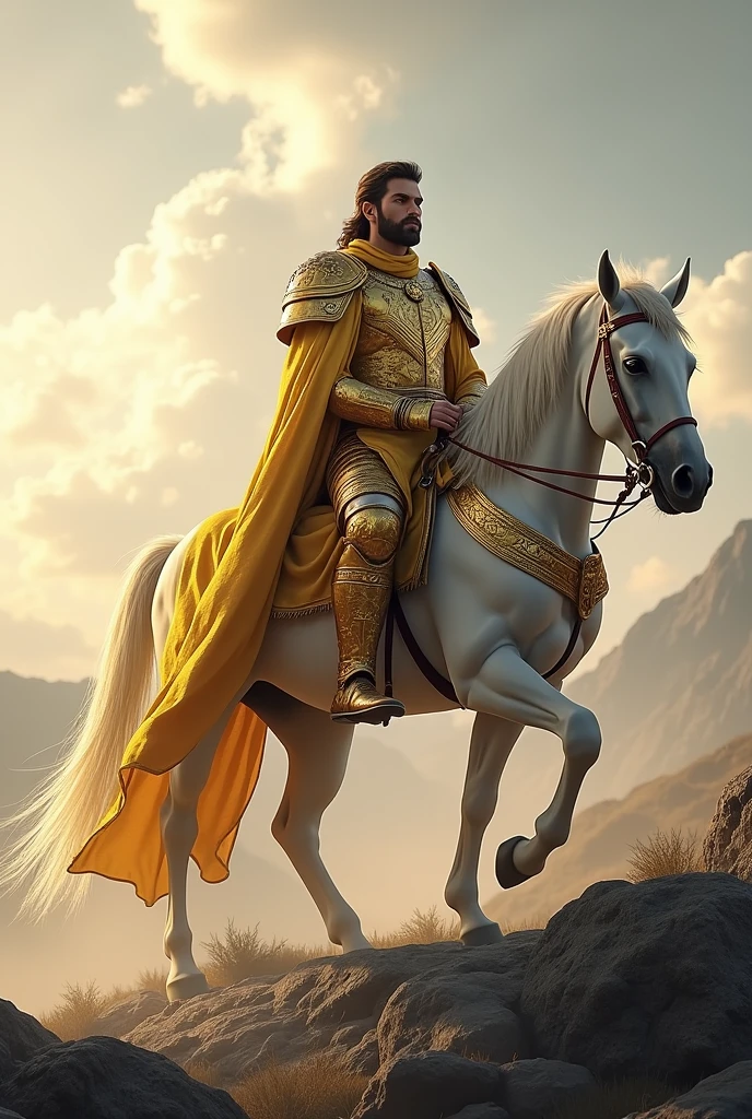 Man in sacred robes, golden war clothing, dressed in glory, shining riding on a white horse on top of a mountain,
epic, unreal engine --ar 3:4 --v 6.1