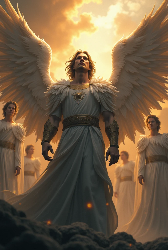 Show Lucifer with an expression of arrogance, looking down on other angels. Add a background of a sky that is starting to darken, with subtle shadows around Lucifer, suggesting the beginning of his downfall.