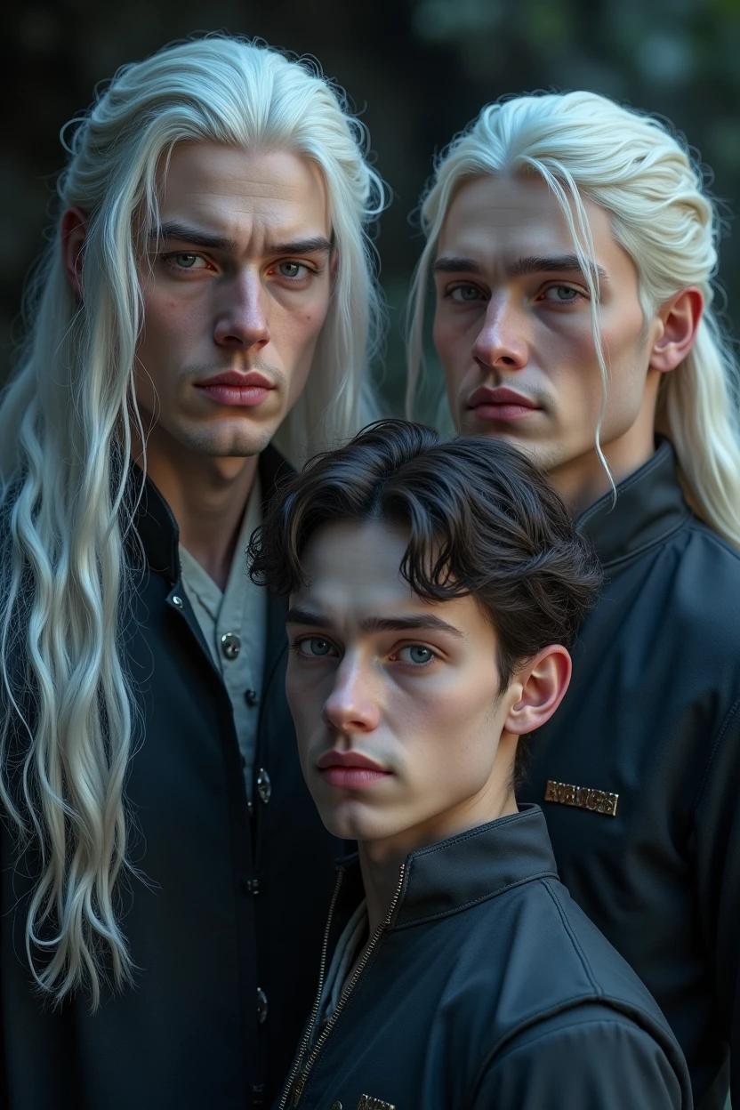 A highly detailed portrait of 2 males and 1 male, beautiful with white long hair, eyes of lilac color, 1 male with high short brown skin hair, inspired by the Game of Thrones fantasy series, cinematic lighting, intricate details, masterful rendering, photorealistic, 8k, HDR