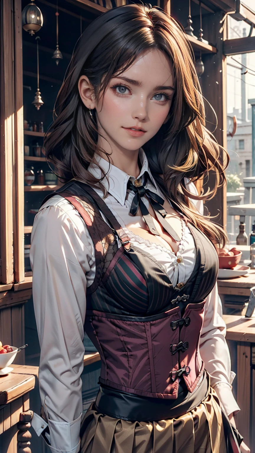 girl, Gray-haired, Short-haired, Yellow-eyed, Small breasts, Cat hair accessories, Side Lock, Gray-haired, Shiny Hair, uniform, (Golden Eyes: 1.2), (Skirt has two long triangular extensions, abdominal vest corset), White buttons on the best corset, (A short-sleeved striped shirt under a vest corset), (The cuffs are close to the arms), (Thick black ribbon around neck), ( short magenta skirt),