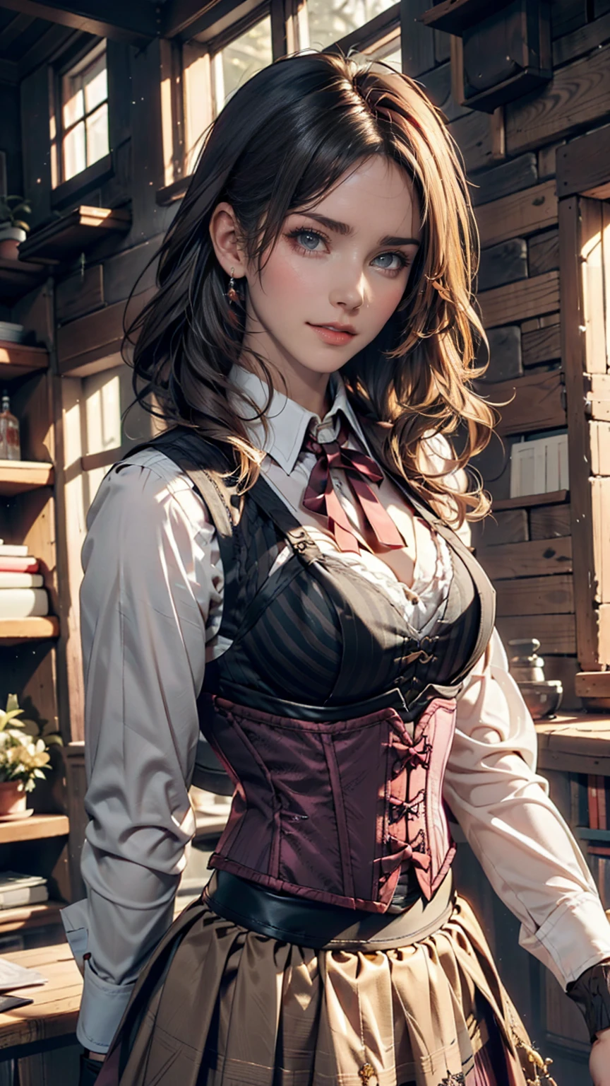 girl, Gray-haired, Short-haired, Yellow-eyed, Small breasts, Cat hair accessories, Side Lock, Gray-haired, Shiny Hair, uniform, (Golden Eyes: 1.2), (Skirt has two long triangular extensions, abdominal vest corset), White buttons on the best corset, (A short-sleeved striped shirt under a vest corset), (The cuffs are close to the arms), (Thick black ribbon around neck), ( short magenta skirt),