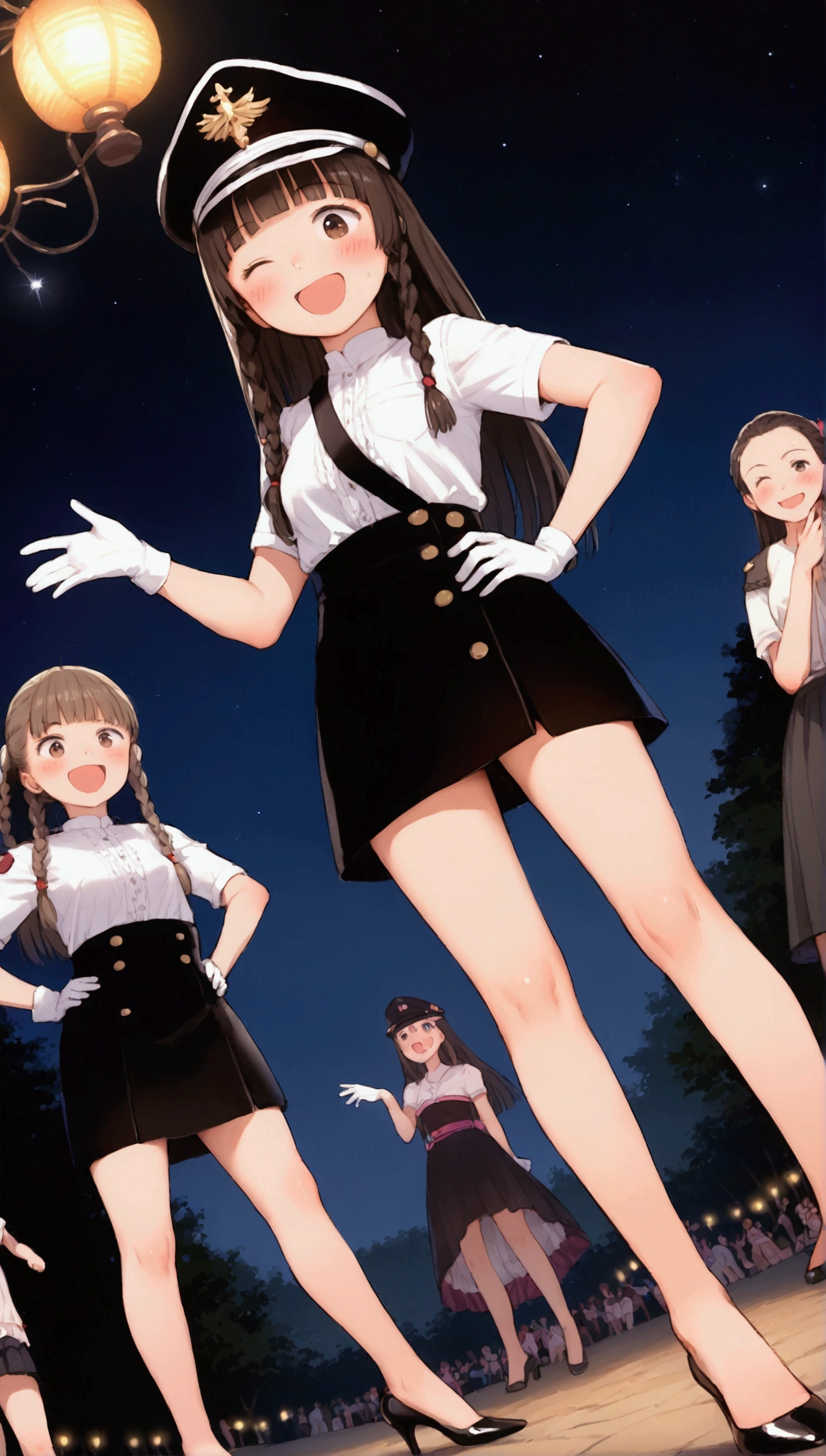 {Highest quality}, {Super beautiful},{Ultra fine},{Best illustration},Brown Hair,Hime cut,long hair,Braid,One woman,Standing Woman,Strike a pose,Adult women,smile,Excited face,Wink,Uniform cap,White Shirt,Short sleeve,long black skirt,White gloves,Night Festival,Blushing,Slender,Black stiletto heels,barefoot,From an angle,From below,Put one hand on your hip,Woman with closed legs,Chop