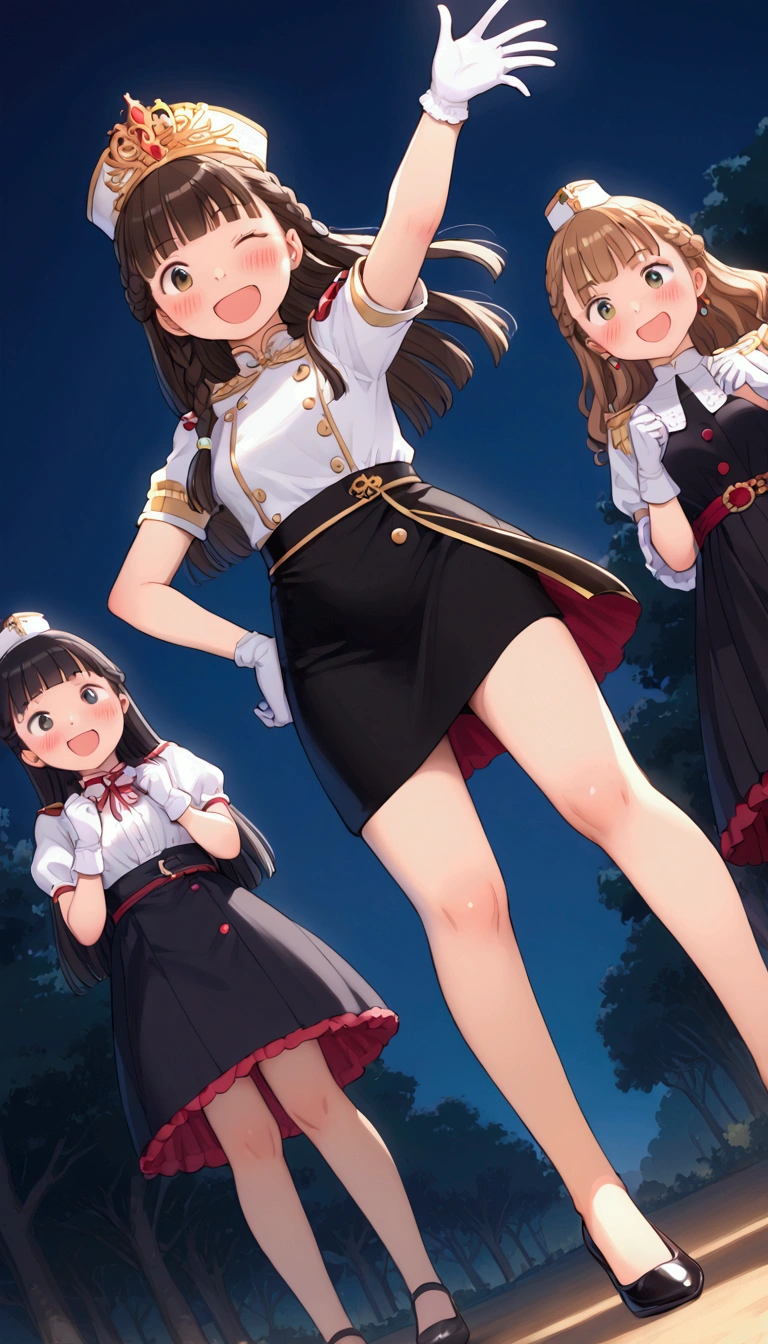 {Highest quality}, {Super beautiful},{Ultra fine},{Best illustration},Brown Hair,Hime cut,long hair,Braid,One woman,Standing Woman,Strike a pose,Adult women,smile,Excited face,Wink,Uniform cap,White Shirt,Short sleeve,long black skirt,White gloves,Night Festival,Blushing,Slender,Black stiletto heels,barefoot,From an angle,From below,Put one hand on your hip,Woman with closed legs,Chop