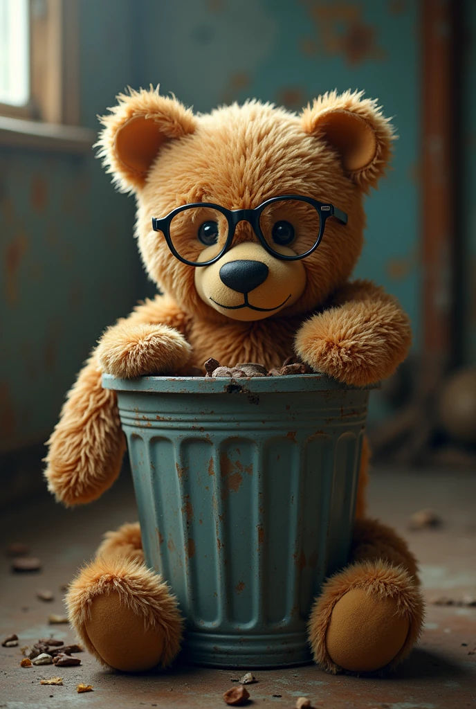 A teddy bear wearing glasses。The teddy bear is tattered and thrown away in a trash can。