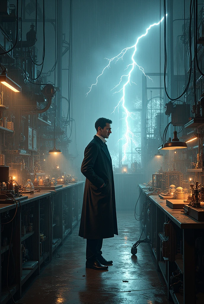 A laboratory full of cables and strange devices. Rain hits the windows and thunder rumbles in the distance. With Nikola Tesla (Thinking) "Nature itself is showing me the way… Lightning is a discharge of energy that travels without wires. I must replicate that!"
