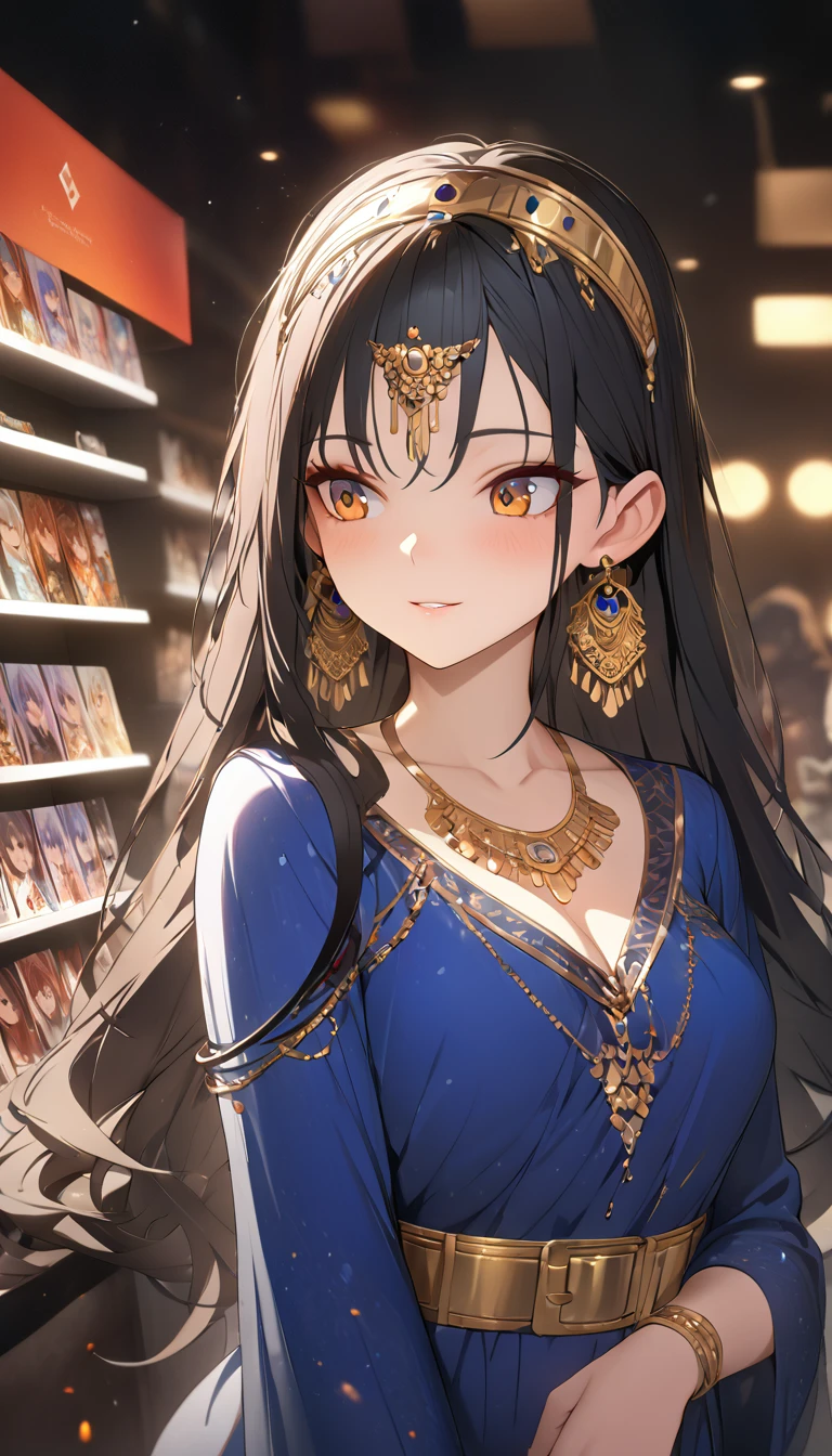 Browsing Caution, masterpiece, Arabian woman in blue dress with gold belt and necklace, 3d rendering character art 8k, Trending on cgstation, Chengwei Pan at Art Station, Inspired by Run In, 8K Art Germany Bokeh, 8K high quality, detailed art, deviantart artstation cgscosiety, cgsociety 8k, cgsociety 8k