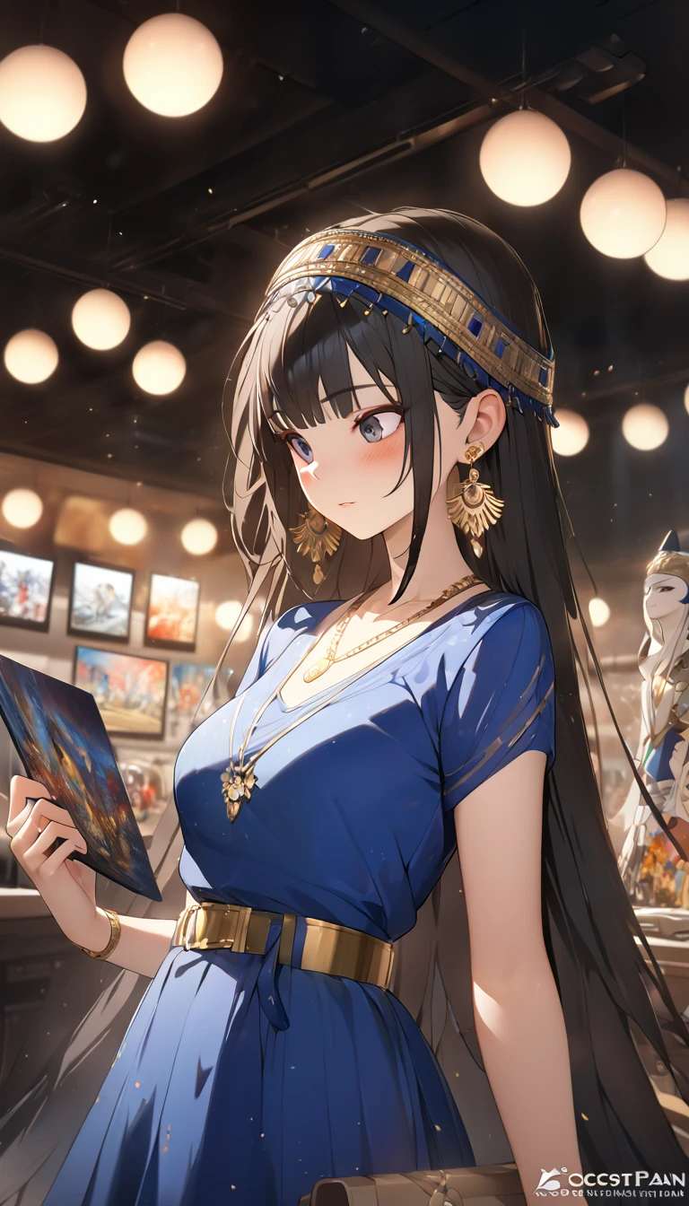 Browsing Caution, masterpiece, Arabian woman in blue dress with gold belt and necklace, 3d rendering character art 8k, Trending on cgstation, Chengwei Pan at Art Station, Inspired by Run In, 8K Art Germany Bokeh, 8K high quality, detailed art, deviantart artstation cgscosiety, cgsociety 8k, cgsociety 8k