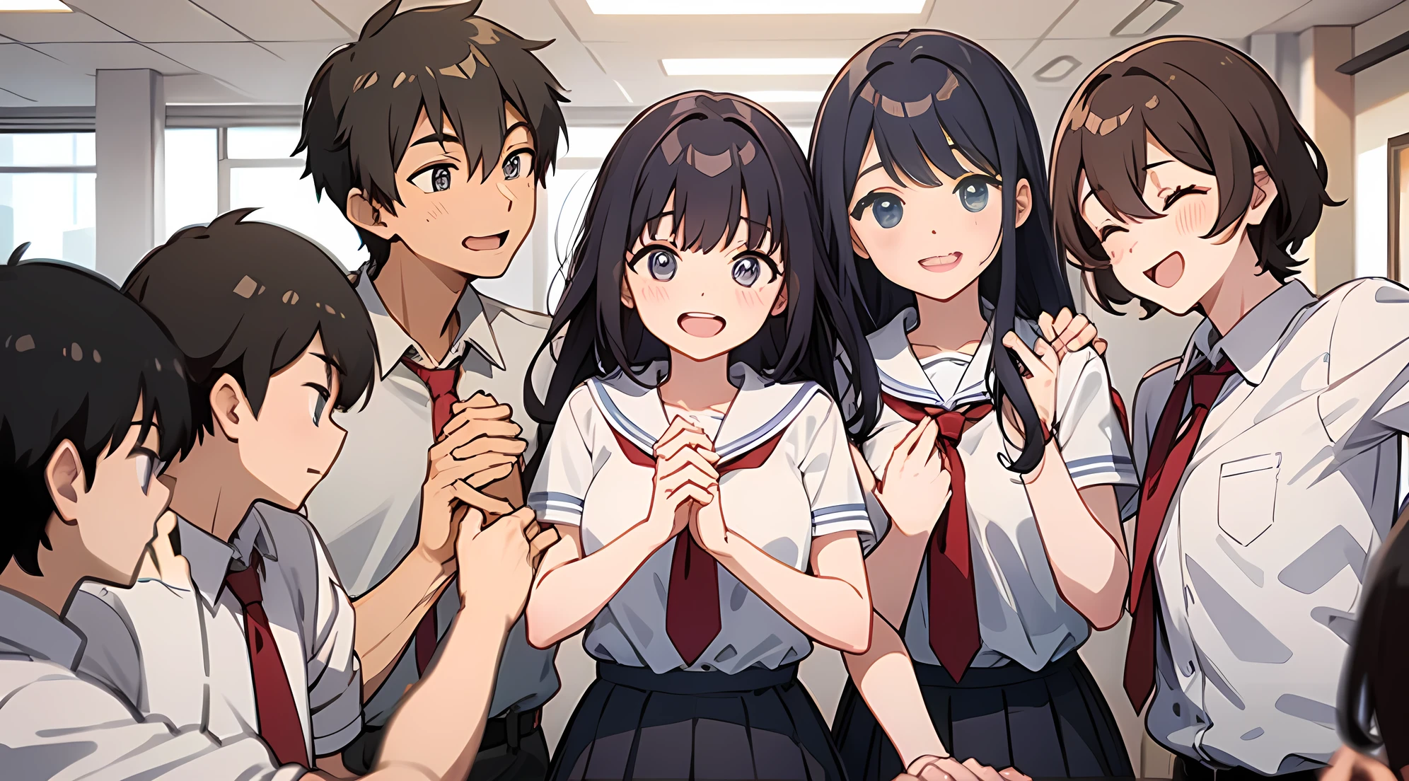 The background is a classroom。The boys and girls are laughing happily with big smiles, holding hands together.。