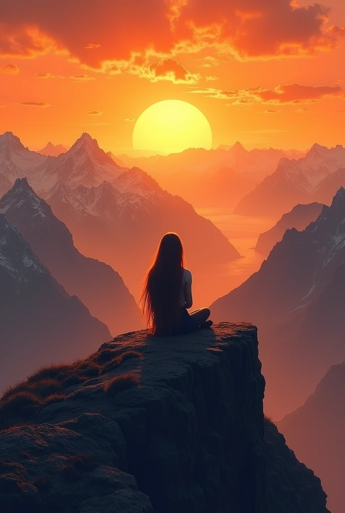 A large realistic horizontal landscape with a panoramic view of an orange sunset with mountains, on the highest peak of the mountain the shadow of a woman sitting in the distance with her back down with her hair down watching the landscape illuminated by a glow