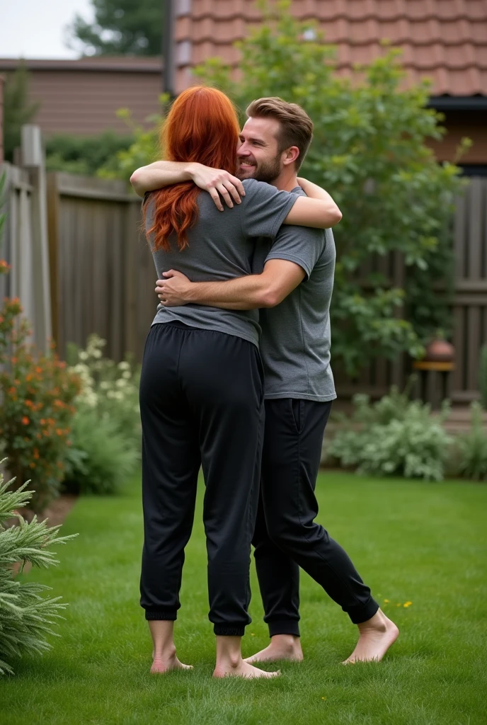 Redhead in the garden, Weak, black sweatpants, Barefoot woman hugs 2 male neighbors