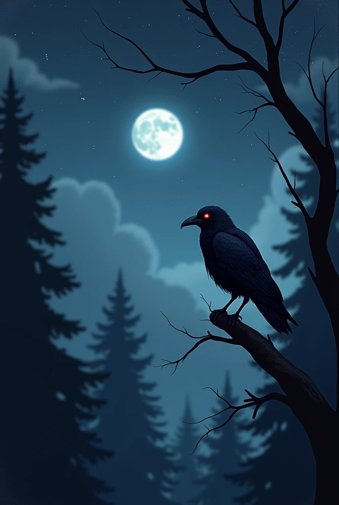 Starry night with blurry moon and red eye crow sitting on trees