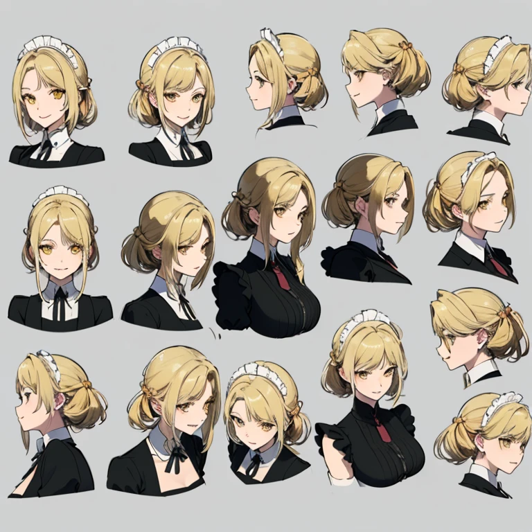 (masterpiece, 8k, highest quality, very detailed, 1 mature woman), (Consistent personality, same character), (blonde hair, yellow eyes), (Highly detailed face and skin texture, fine eyes), evil smile, big breasts, alone, (maid), white background, bare shoulders, enchanting smile, (multiple views, multiple angles), Side view, Front view, look up, look down, Rear view, 20-degree head view