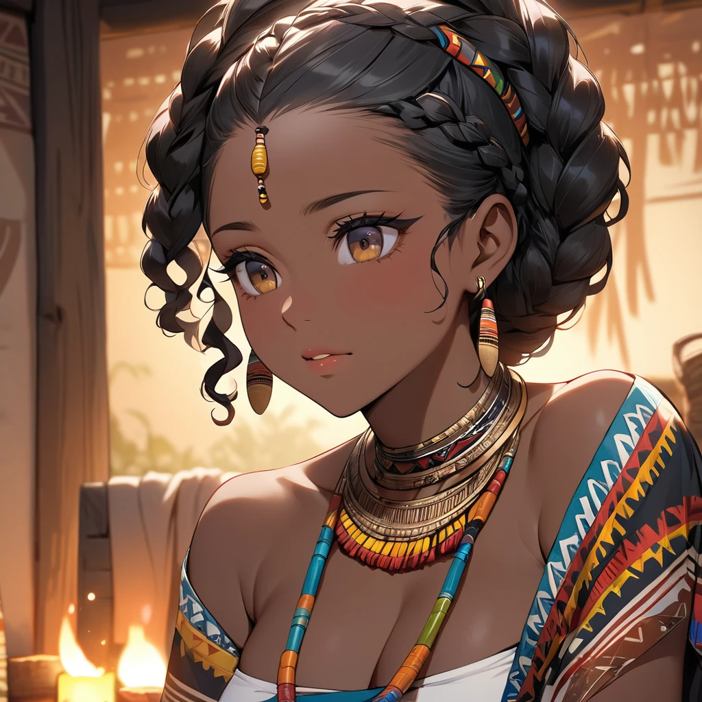 ((Highest quality)), ((masterpiece)), (detailed), （Perfect Face）、The woman has bright black skin、Strong curly hair、Black, dark skinned, African native tribal woman、The amount of hair is small、Light brown hair、Very short curly hair、Braided hair with detailed braids and slicked back、Her hair is braided and thin, and she wears a tribal headdress and a tribal headscarf.、African black woman beautifully dressed in tribal clothing, tribal earrings and tribal accessories, wearing tribal makeup、A beautiful tribal woman with tattoos all over her body