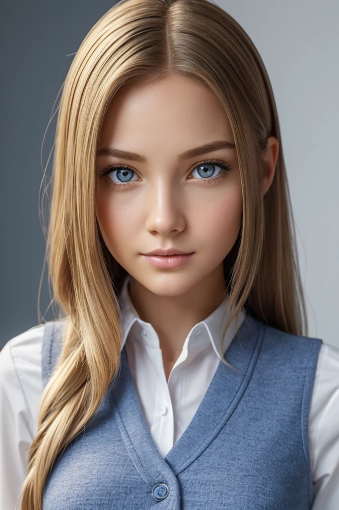 Create a full body image of a young female with life like features, flawless skin, delicate features. wearing a white shirt, and blue and grey vest school uniform and she should be of slender build with small breasts and narrow waist and hips. This girl should have a hyper-realistic face with clear crystal blue almond shaped eyes and very long waist length golden blonde hair with a blue ribbon on the side of her head, the hair should be wide and full. The image should highlight a sharp focus, rendered in ultra high definition using recursive ray tracing. The style should be inspired by animation, but done in a detailed and realistic manner, rather than in the style of any specific studio or artist. Please do not use any Disney character for reference.

