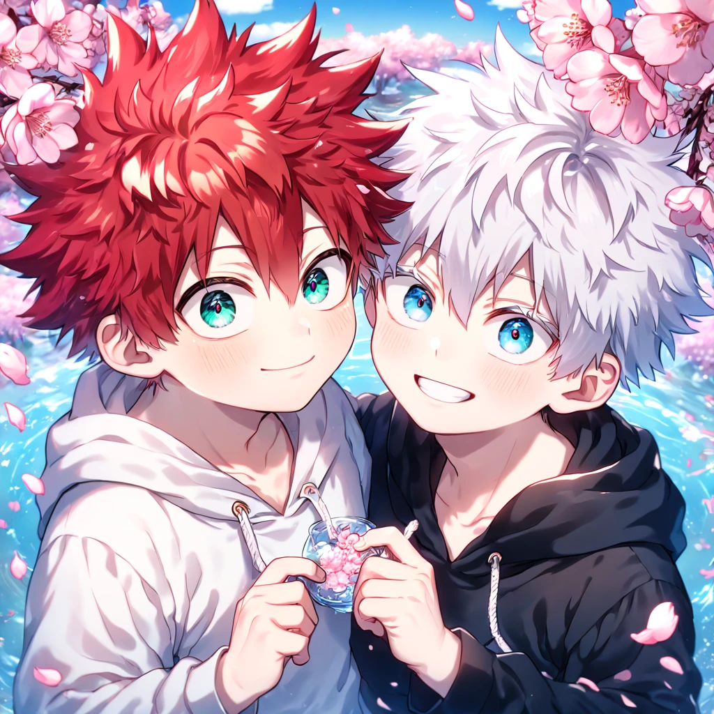 absurdres, highres, ultra detailed, HDR, master piece, best quality, extremely detailed face, delicated features, Todoroki Touya as a kid, spiked hair, red hair, expressive turquoise eyes, Boku No Hero Academia, Gojou Satoru as a kid, white hair, messy hair, expressive blue eyes, white eyelashes, two kids together, yaoi, gay couple, small, cute, smiling, black hoodie, white hoodie, fantasy, magical, cherry blossoms, pink flowers, pink birds, pink petals, water, Jujutsu Kaisen