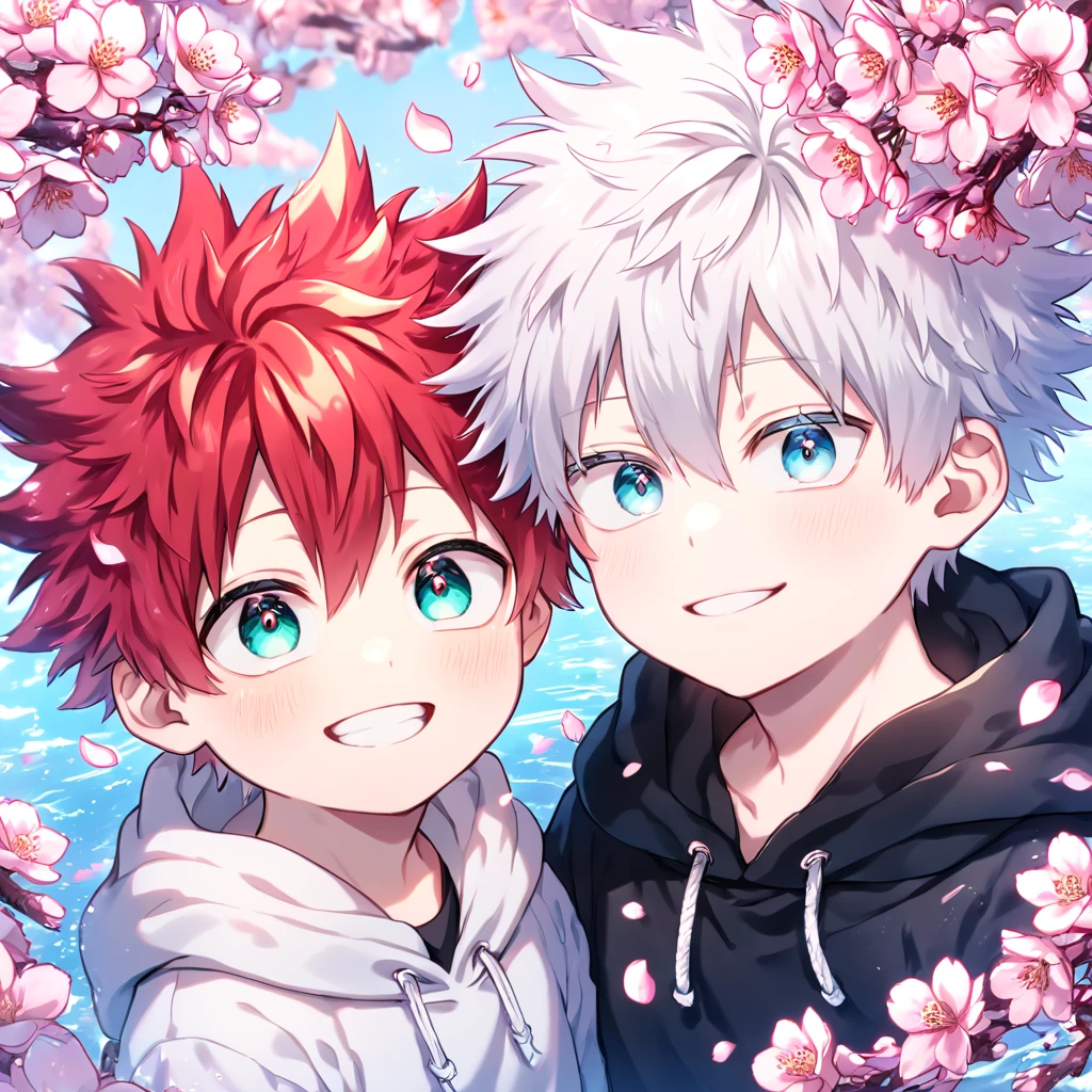 absurdres, highres, ultra detailed, HDR, master piece, best quality, extremely detailed face, delicated features, Todoroki Touya as a kid, spiked hair, red hair, expressive turquoise eyes, Boku No Hero Academia, Gojou Satoru as a kid, white hair, messy hair, expressive blue eyes, white eyelashes, two kids together, yaoi, gay couple, small, cute, smiling, black hoodie, white hoodie, fantasy, magical, cherry blossoms, pink flowers, pink birds, pink petals, water, Jujutsu Kaisen