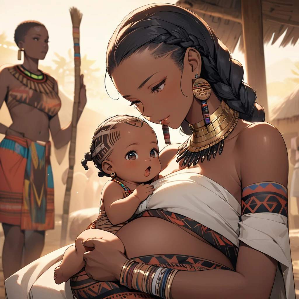 ((Highest quality)), ((masterpiece)), (detailed), （Perfect Face）、The woman has dark skin, is pregnant, and is holding a baby.、（Ghana braids with strong curly hair slicked back）、Black, dark skinned, African native tribal woman、The amount of hair is small、Black Hair、Very short curly hair、Ghana braid hair, finely and delicately braided into Ghana braids and slicked back、A black African woman with braided hair, low volume, tribal earrings and tribal accessories, beautifully dressed and wearing tribal makeup、A beautiful tribal woman with tattoos all over her body、Women in tribal village night rituals、The woman&#39;s hair is dyed black by the other women in the village and styled like an African woman&#39;s.