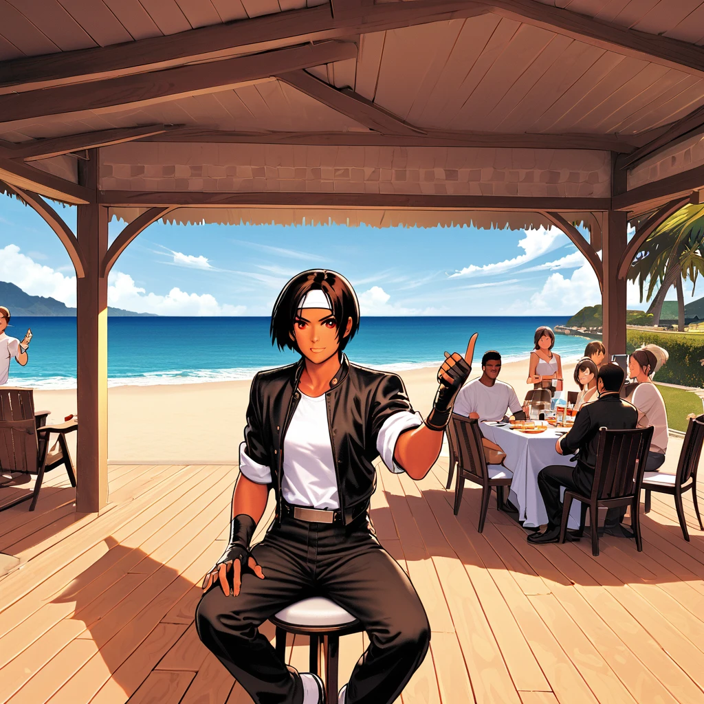 1 person,woman,short hair,Black Hair,Dark skin,Red Eyes,（Rolled up sleeves black jacket）,Fingerless gloves,White T-shirt,（White headband）,Black Pants,White Boots,Tea belt,cute,Indoor Party,Charm Points,Ocean View,My breasts are a little large,Outdoor,high quality,cool,Confidence and surprise,Dining with friends on the terrace,A lively atmosphere,Sit on a chair and cross your legs