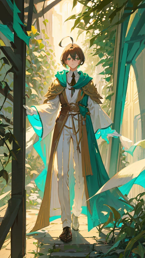 The tall, androgynous boy with silver, medium-length curly hair, and a small ahoge at the top sat alone in his garden. His slender frame and dignified posture were accentuated by the white robe and green cloak he wore. Fingerless gloves and brown pants completed his understated yet striking appearance, with a belt cinching his waist. His fair skin, almost porcelain-like, contrasted beautifully with his deep green eyes. A cane rested beside him, an ever-present companion. In the quiet of his garden, he enjoyed the serenity, relishing the peaceful solitude.