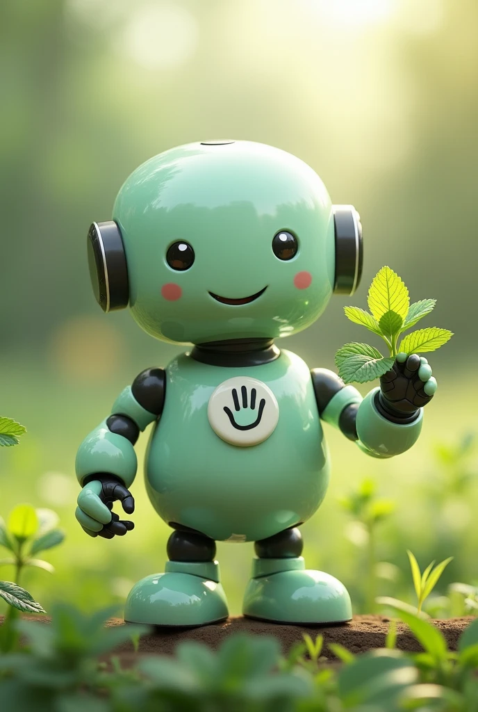 Small, light green friendly robot with an open hand symbol on its chest and a mint leaf in its hand