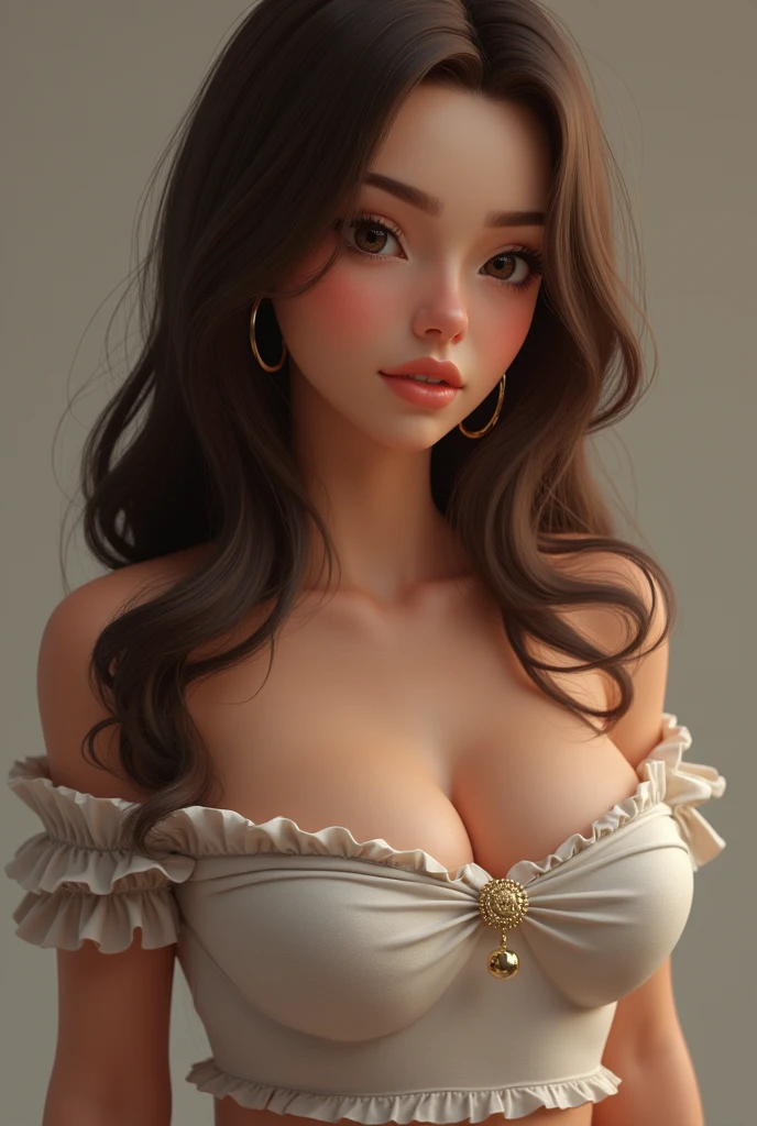 23-year-old woman with a large bust, brown hair, and realistic features.