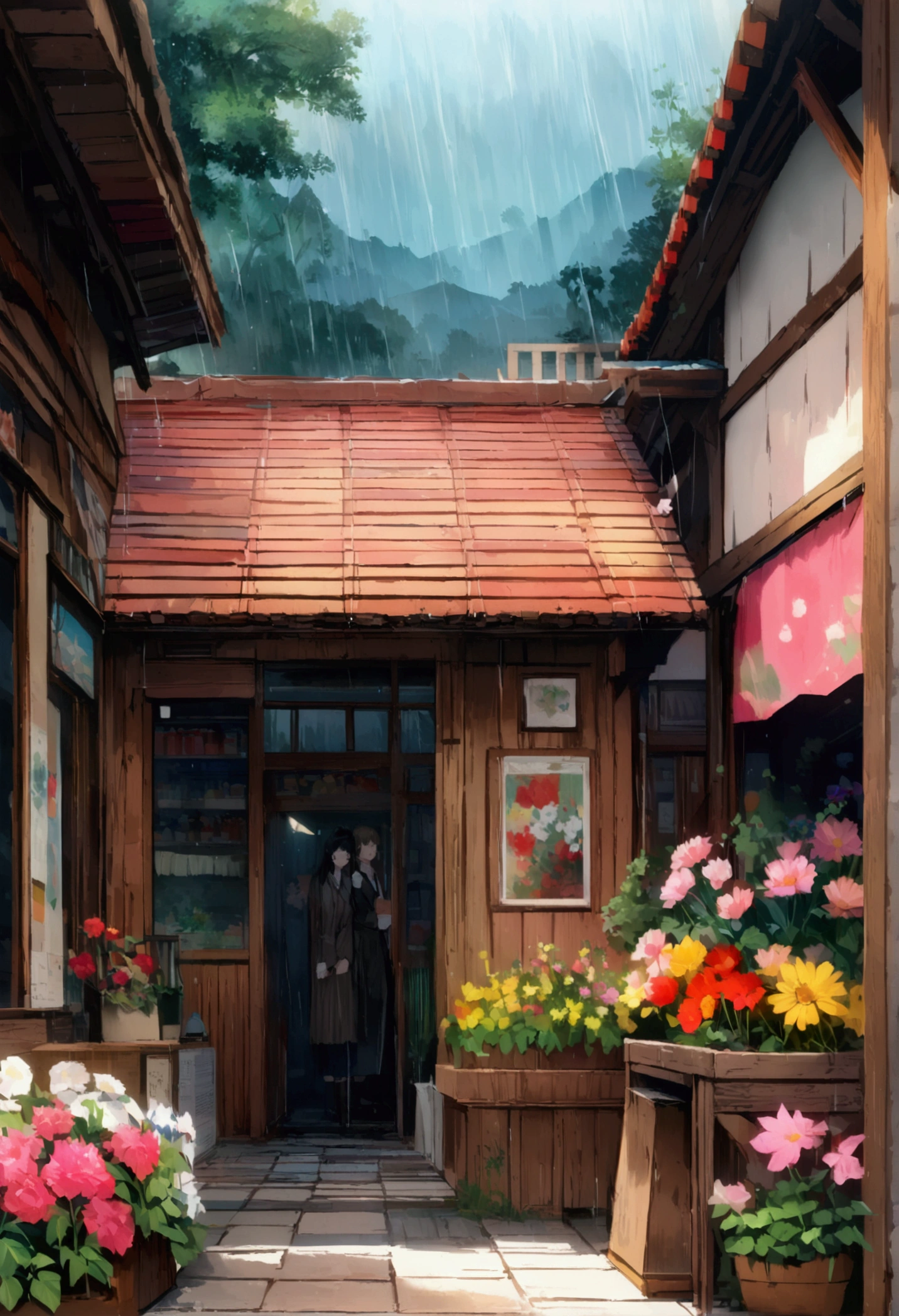 A picture of  in front of a one-storey flower shop, cloudy, blue sky, wood, Colorful flowers, green, rainy, rain, saturation,On pixiv Top Rated, realistic anime style On pixiv, convenience store, Anime Scenery, ( ( ( yoshinari yoh ) ) ), pixiv top page, On pixiv, By Torii Kiyomasu, Anime Scenery concept art, by Un'ichi Hiratsuka, Featured on Pixiv, 4k hd, Beautiful Art UHD 4K, Beautiful artwork illustration, Beautiful digital painting, Highly detailed digital painting, Beautiful digital art, Detailed painting 4k, Highly detailed digital painting, rich, picturesque colors, Gorgeous digital painting