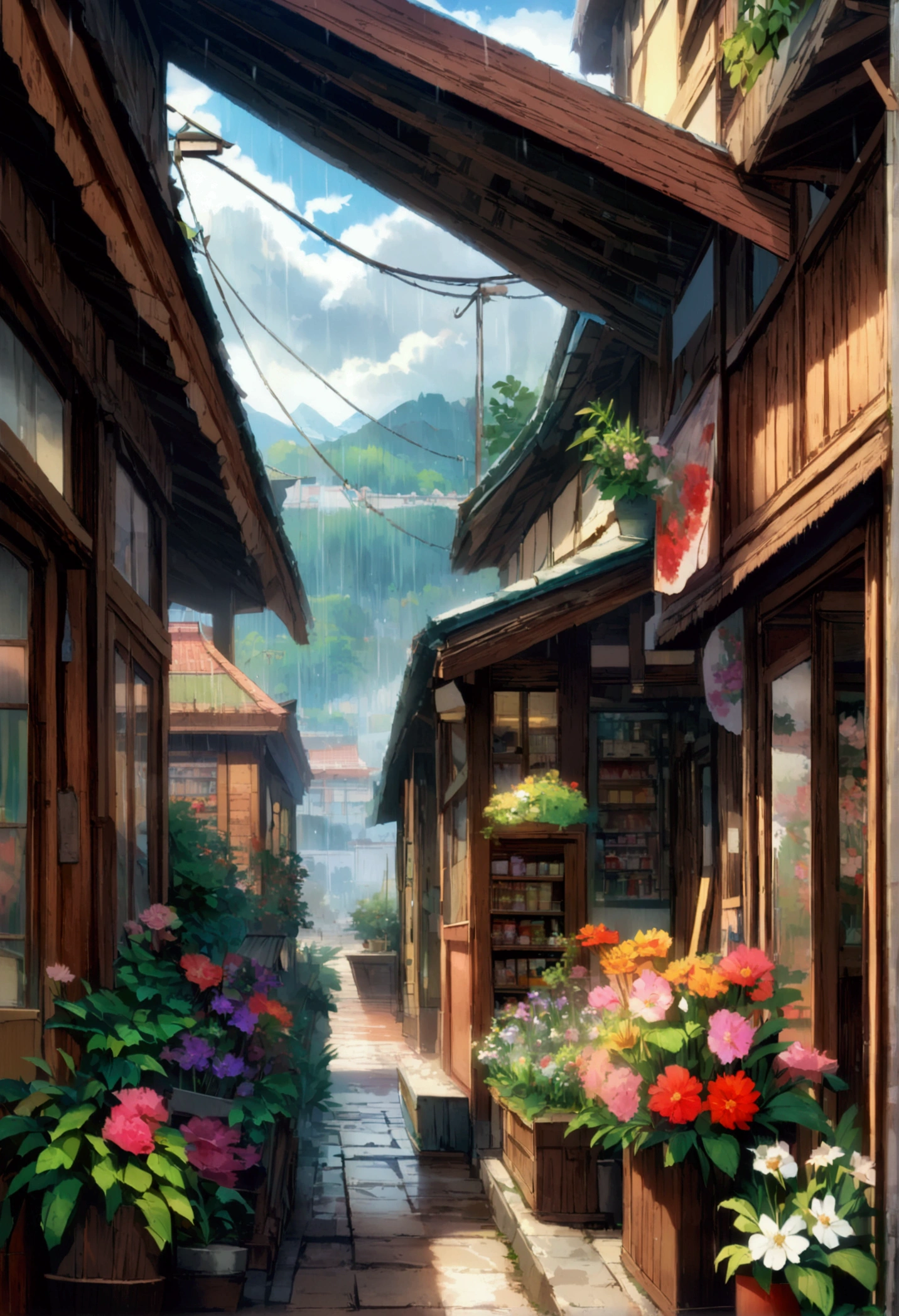 A picture of in front of a one-storey flower shop, cloudy, blue sky, wood, Colorful flowers, green, rainy, rain, saturation,On pixiv Top Rated, realistic anime style On pixiv, convenience store, Anime Scenery, ( ( ( yoshinari yoh ) ) ), pixiv top page, On pixiv, By Torii Kiyomasu, Anime Scenery concept art, by Un'ichi Hiratsuka, Featured on Pixiv, 4k hd, Beautiful Art UHD 4K, Beautiful artwork illustration, Beautiful digital painting, Highly detailed digital painting, Beautiful digital art, Detailed painting 4k, Highly detailed digital painting, rich, picturesque colors, Gorgeous digital painting