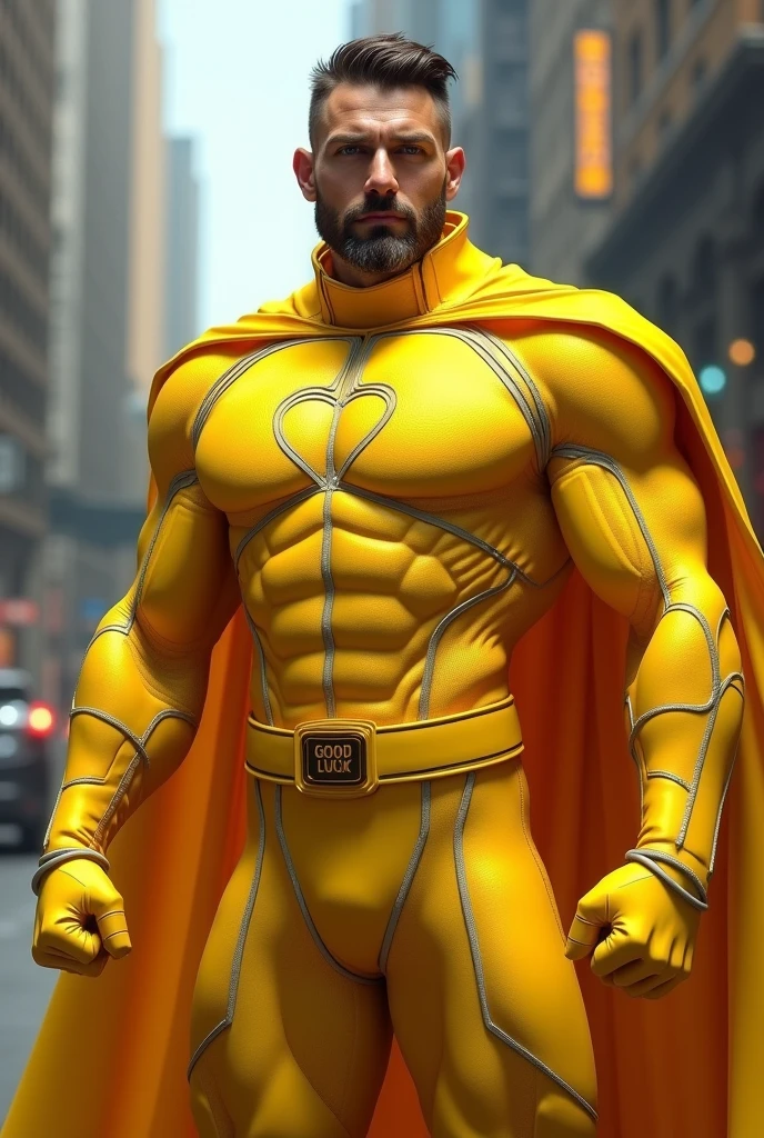 A well-built man wearing a yellow hero suit with the word &quot;good luck&quot; written on his stomach