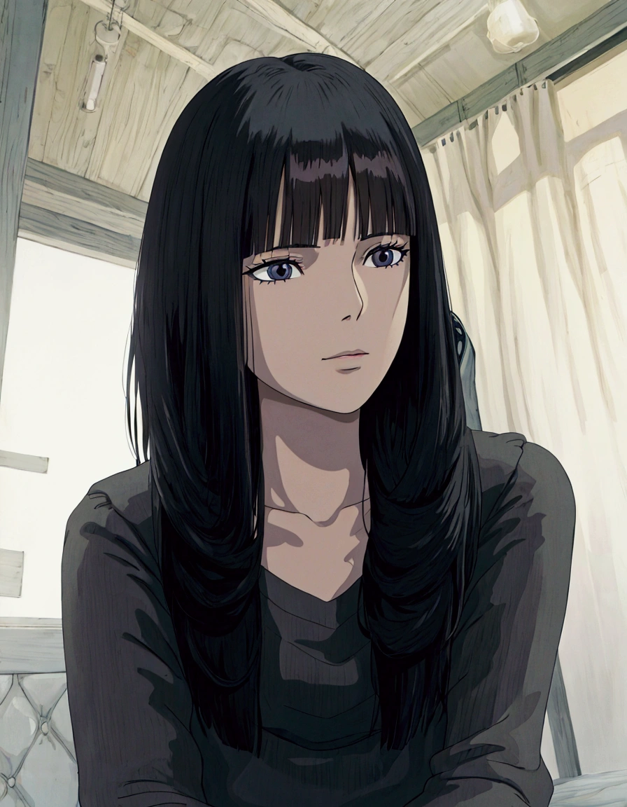 ghibli style, anime girl with long black hair sitting in a chair, she has black hair with bangs, sui ishida with black hair, smooth anime cg art, black hime cut hair, painted in anime painter studio, made with anime painter studio, realistic young anime girl, realistic anime artstyle, profile of anime girl, female anime character, ilya kuvshinov with long hair