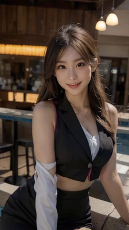 UHD, high quality, best quality, 16k,4K(8K), Business Professional Attire, at the bar,  shirt, sleeveless, jacket, looking at viewer, smile with teeth, black thighhigh, blurry background, indoor, bar, natural lighting, night light,