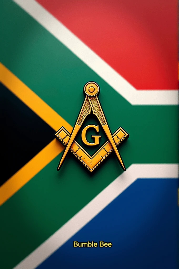 Small Masonic square and compass in the middle of a south african flag with the word Bumble Bee below. Flag to be crisp