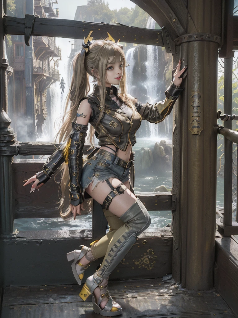 (Full Body View:1.4)、(Side view:1.3)、(Smiling with teeth showing:1.3),(Shibuya Gal:1.5)、(Beautiful:1.5)、(Punk RockVisual Kei:1.4)、(Yellow denim with khaki and brown medieval tattered zip up:1.5)、(Yellow arm covers and tattered bugle pants:1.5)、(Denim colored high heels:1.3)、(Wearing silver accessories:1.5)、(Khaki collar:1.4)、(Leather garter belt:1.4)、(Khaki skin belt:1.3)、(Olive-colored lace underwear:1.5)、30 years old、NSFW、((Highest quality、In 8K、masterpiece:1.3))、Sharp focus:1.2、(Layered Cut、Huge boobs:1.1),Beautiful woman with perfect figure:1.4、(Doing an aerobics pose:1.3)、Slender Abs:1.2、Highly detailed face and skin texture、Detailed eyes、double eyelid,(Twin tails:1.3)、(Brown-golden hair:1.3)、Gravure idol、(A fairytale palace with a beautiful vast waterfall in the background:1.3)、(Slim Body:1.3),(Make your legs thinner:1.4),(Thin, thin thighs:1.3)、(clavicle:1.1)