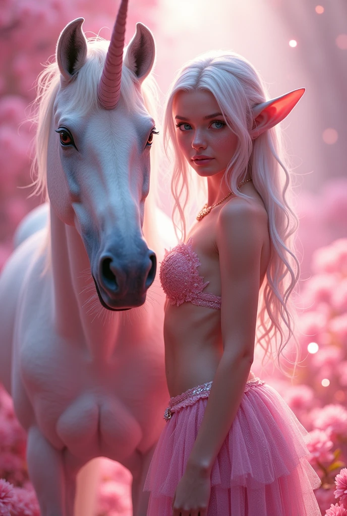 Hyperrealism cinematic film still, 8K, highly detailed and realistic. In an enchanting, pink-toned magical garden, a breathtakingly beautiful albino woman with striking blue eyes and delicate freckles on her face stands next to a majestic pink unicorn. The air shimmers with glitter and gossamer threads, while soft fairy lights cast a gentle glow. The scene is adorned with an abundance of glitter and sparkles, creating a surreal and captivating ambiance. Everything feels otherworldly, magical, and dreamlike, elf ears, cleavage, thigh, short skirt, sexy