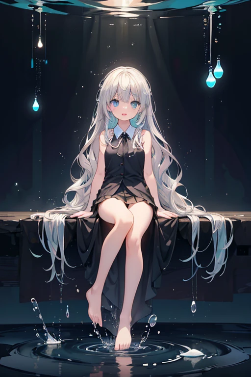 (masterpiece, Highest quality:1.2), 1人のCompletely nakedの少女, Standing Alone_Split, "Completely naked", Barefoot, Foot Focus, Long Hair，Black sleeveless short vest，Particles of light, whole body, Wavy Hair, Floating Hair, smile, Sitting, Open your mouth, Particles of light, Silver Hair, Aqua Eye, View your viewers, Face Focus