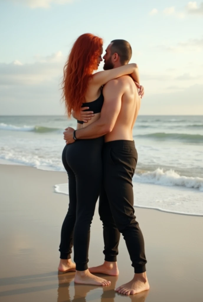 Red haired on the beach, black sweatpants, Barefoot woman hugs her male neighbor
