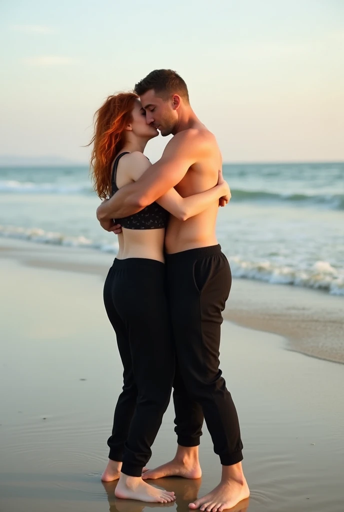 Red haired on the beach, black sweatpants, Barefoot woman hugs her male neighbor